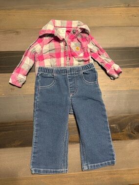 Carhartt Baby Girl 9M Outfit Set Pink Plaid Shirt + Jeans Durable Cute